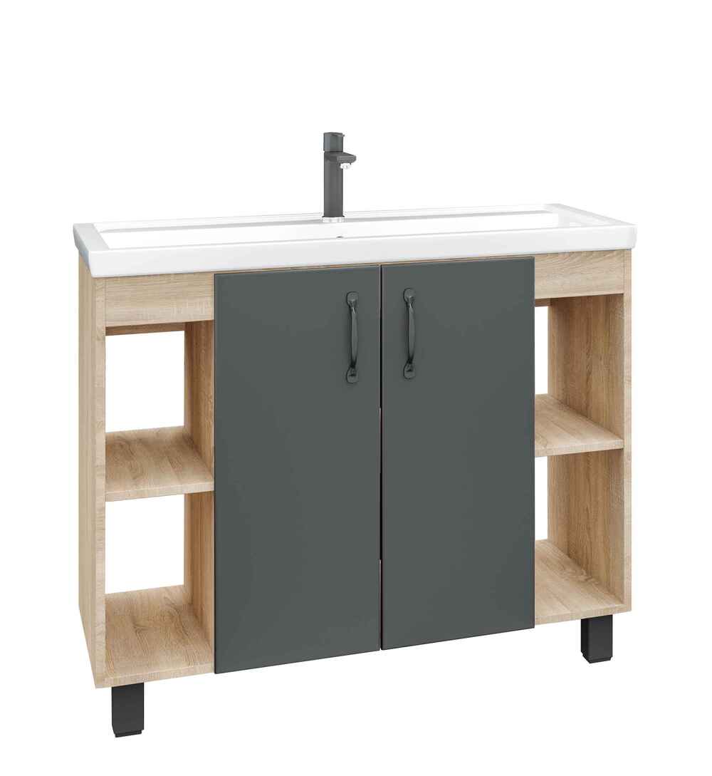 Тумба 100 см Флай Дуб сонома/серая Grossman с умывальником Фостер-100