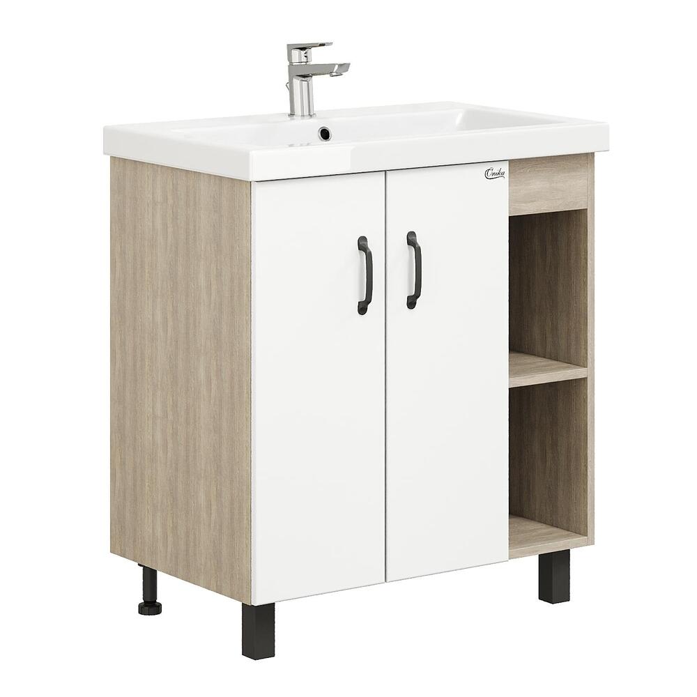 Тумба 70 см ТИМБЕР Белый матовый/дуб сонома с умывальником Фостер-70