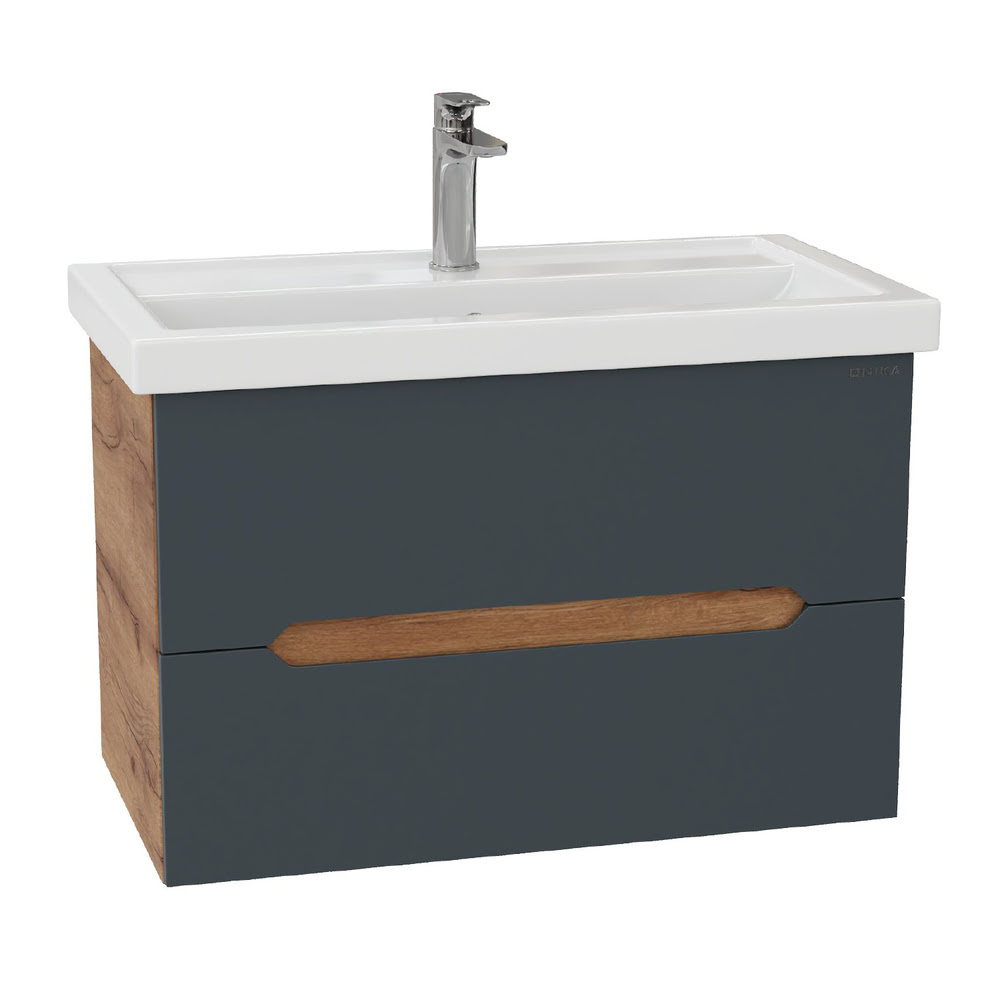 Тумба 80 см АЙЛЕНД подвесная Графит/дуб крафт золотой с умывальником Фостер-80