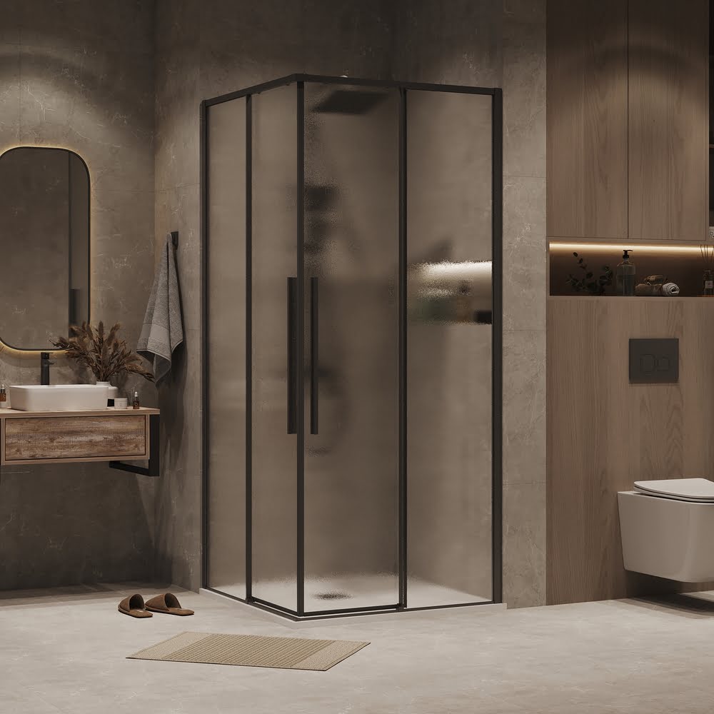 Душевое ограждение 80х80х195см Galaxy Grossman / двери раздвижные / профиль черный матовый / стекло шиншилла