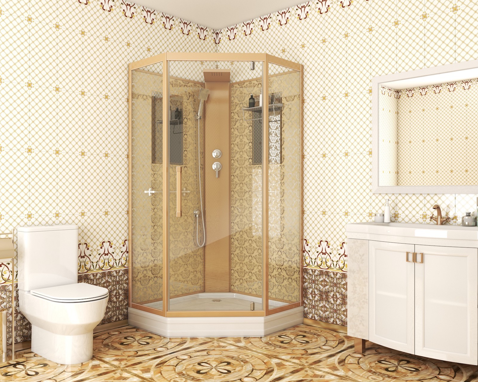 Душевая кабина 100*100 см NIAGARA LUX NG-7717GBK рисунок ЗОЛОТО без крыши