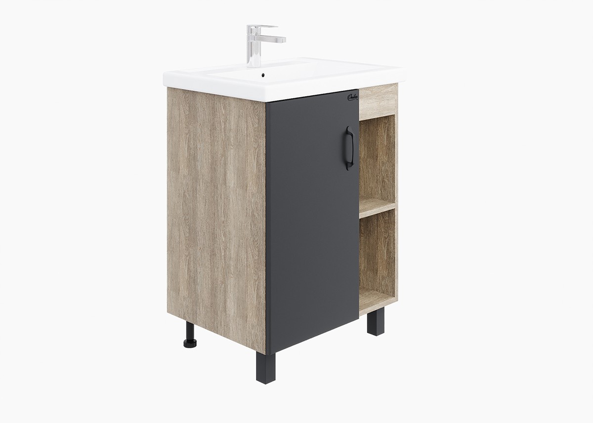 Тумба 60 см ТИМБЕР Серый матовый/дуб сонома с умывальником